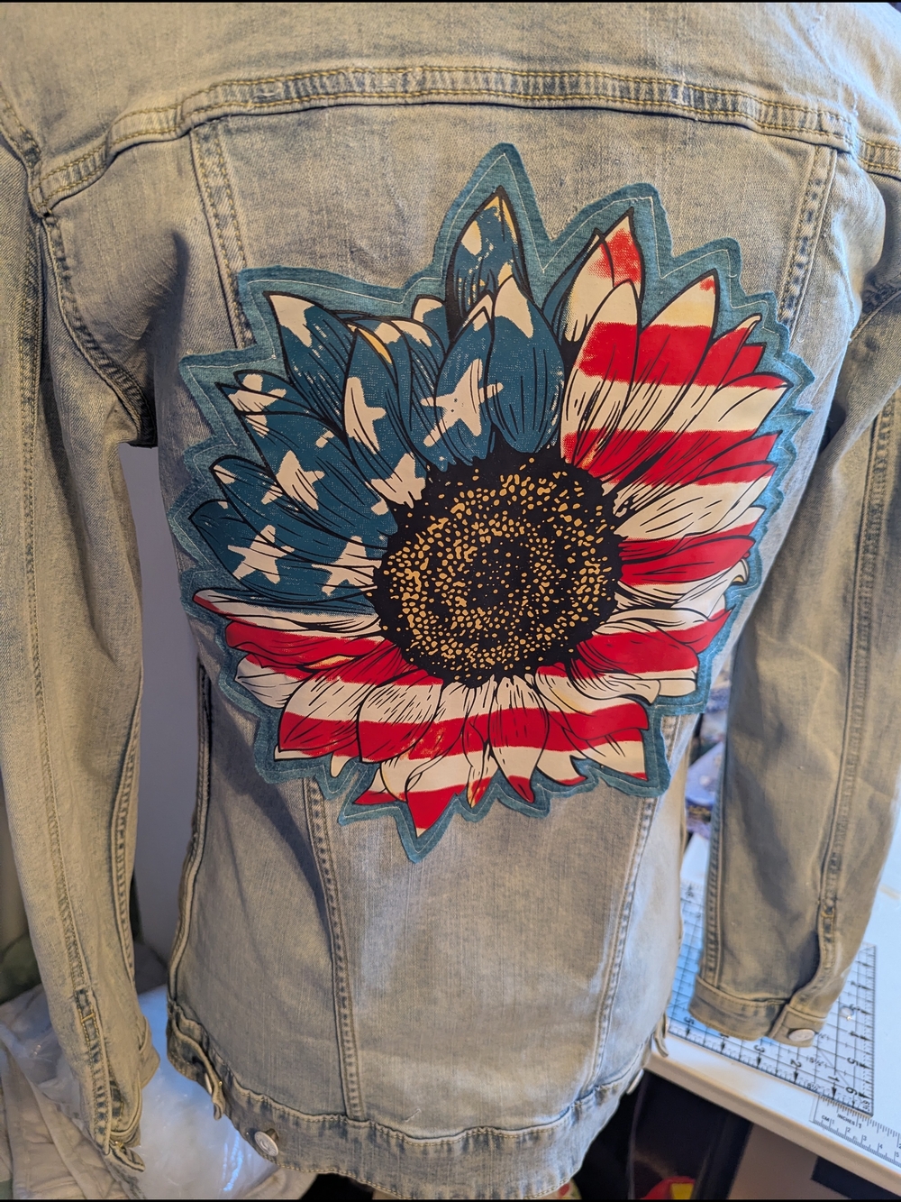 LuLaRoe Light Wash Denim Jacket with Rainbow Logo